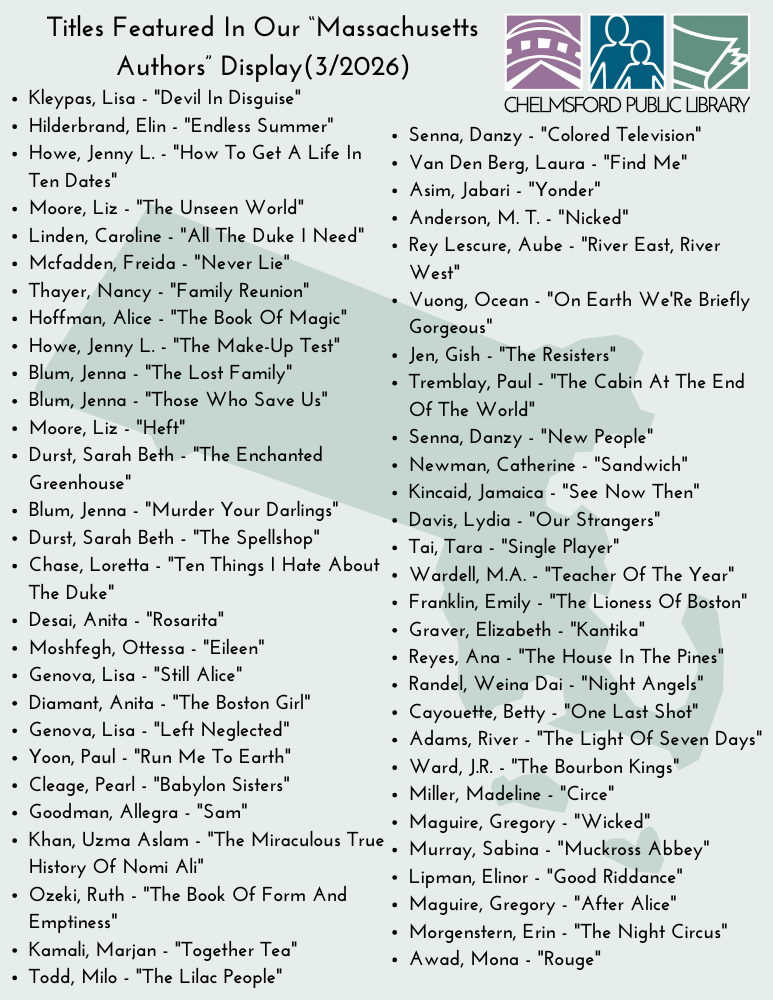 list of all the book titles on display in the massachusetts authors display as of 3/2026