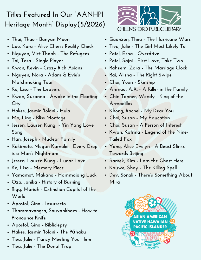 2 column list of titles in AANHPI Heritage Month Display