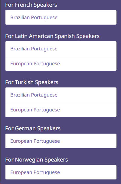 A list of Portuguese classes available for a variety of native languages.