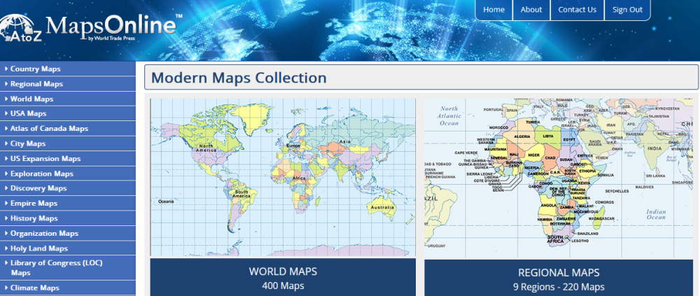 The A to Z Maps homepage shows the Modern Maps Collection. "World Maps" contains 400 maps with an example map shown. "Regional Maps" contains 220 maps representing 9 regions, with a map centered on Africa shown.