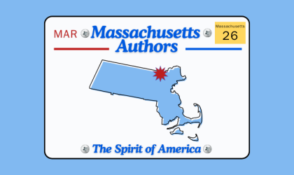 Image of a book display poster imitating a Massachusetts license plate, it reads: Massachusetts Authors, The Spirit of America with an image of Massachusetts in the middle.