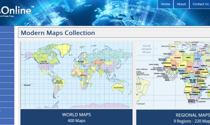 The A to Z Maps homepage shows the Modern Maps Collection. "World Maps" contains 400 maps with an example map shown. "Regional Maps" contains 220 maps representing 9 regions, with a map centered on Africa shown.