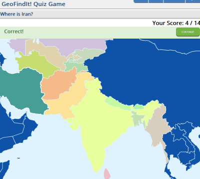 A map-based geography quiz showing South Asia. The prompt reads "Where is Iran?"