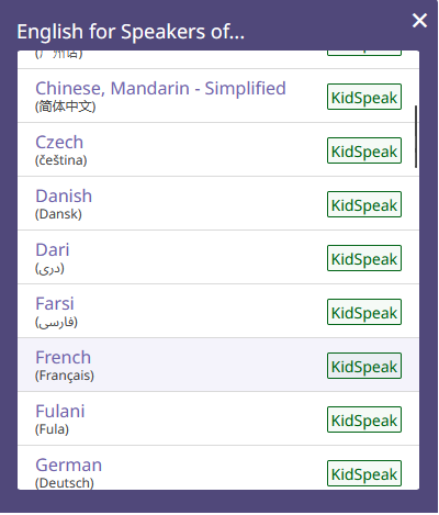 A list of English classes available for a variety of native languages.