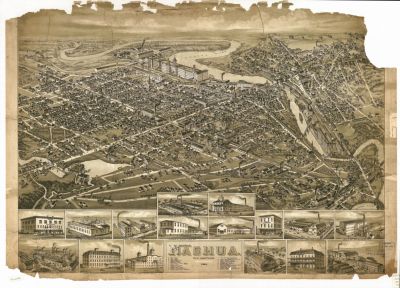 1883 Map of Nashua  Perspective map not drawn to scale. Bird's-eye-view. The map is deteriorated on upper edge. Includes an index to points of interest.