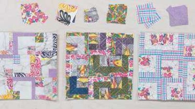 a row of three paper patchwork projects and some colorful paper swatches