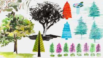 trees rendered in a variety of colors and artistic techniques