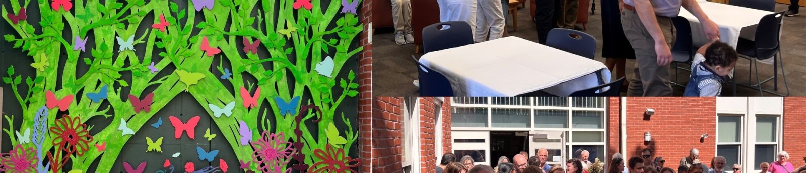 A collage of images from the dedication of Read Learn Grow, the artwork in the library courtyard celebrating the life of Becky Herrmann. On the left is the sculpture itself, depicting a young woman with blue hair and a pink dress holding a book. She is surrounded by flowers and butterflies, and framed by branching greenery that climbs up the wall. On the right are two scenes from the gathering on the day of the dedication including Becky's friends and family.