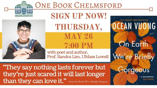 One Book Chelmsford Graphic with a picture of Ocean Vuong and his book On Earth We're Briefly Gorgeous