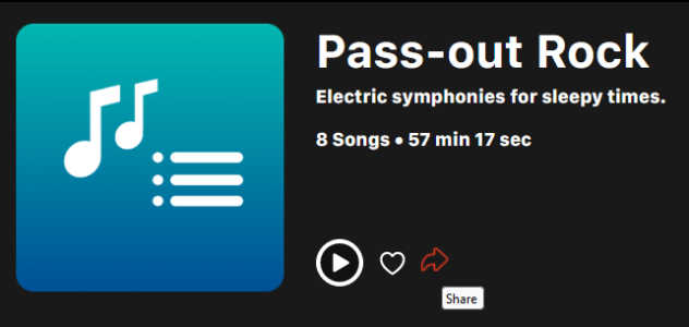 A description of a playlist titled "pass-out rock: electric symphonies for sleepy times." Playlist contains eight songs totaling fifty-seven minutes and seventeen seconds.