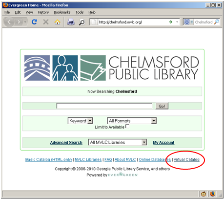 Virtual Catalog link in the Chelmsford Library catalog